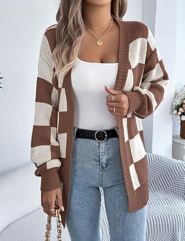 Kinghua Checkered Cardigan for Women Spring Fall Plaid Color Block Long Sleeve V Neck Ribbed Loose Fit Knit Sweater Top Coat in Saudi Arabia