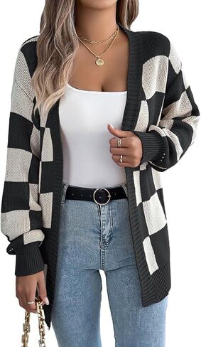 Kinghua Checkered Cardigan for Women Spring Fall Plaid Color Block Long Sleeve V Neck Ribbed Loose Fit Knit Sweater Top Coat in Kuwait