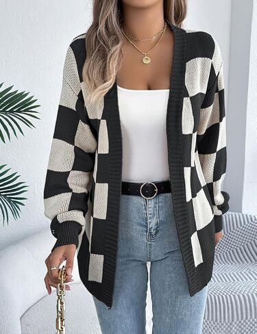 Kinghua Checkered Cardigan for Women Spring Fall Plaid Color Block Long Sleeve V Neck Ribbed Loose Fit Knit Sweater Top Coat in Kuwait