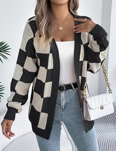Kinghua Checkered Cardigan for Women Spring Fall Plaid Color Block Long Sleeve V Neck Ribbed Loose Fit Knit Sweater Top Coat in Kuwait
