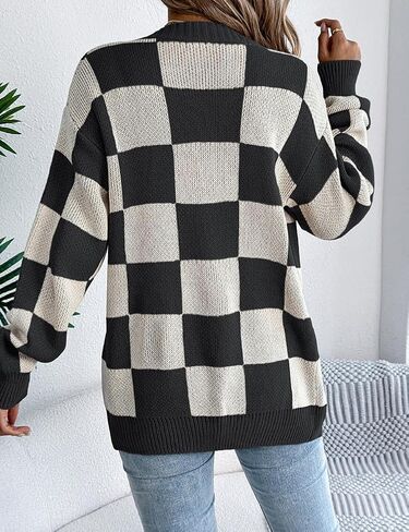 Kinghua Checkered Cardigan for Women Spring Fall Plaid Color Block Long Sleeve V Neck Ribbed Loose Fit Knit Sweater Top Coat in Kuwait