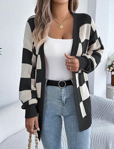 Kinghua Checkered Cardigan for Women Spring Fall Plaid Color Block Long Sleeve V Neck Ribbed Loose Fit Knit Sweater Top Coat in Kuwait