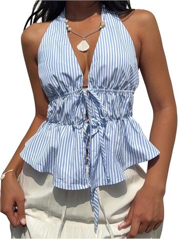 Milumia Women's Striped Tie Bow Front Halter Top Sleeveless Ruched Ruffle Hem Tank Tops in Saudi Arabia
