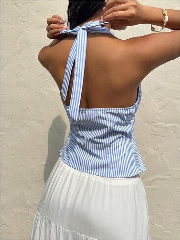 Milumia Women's Striped Tie Bow Front Halter Top Sleeveless Ruched Ruffle Hem Tank Tops in Saudi Arabia