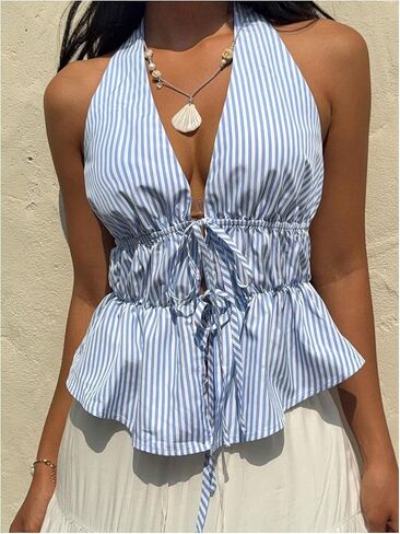 Milumia Women's Striped Tie Bow Front Halter Top Sleeveless Ruched Ruffle Hem Tank Tops in Saudi Arabia