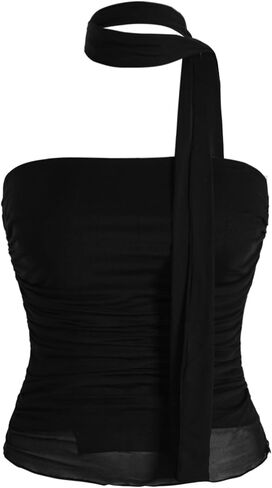 SweatyRocks Women's Ruched Sheer Mesh Strapless Tube Top Sleeveless Slim Fitted Bandeau Top with Scarf in Saudi Arabia