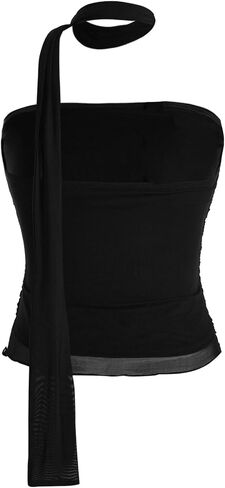 SweatyRocks Women's Ruched Sheer Mesh Strapless Tube Top Sleeveless Slim Fitted Bandeau Top with Scarf in Saudi Arabia