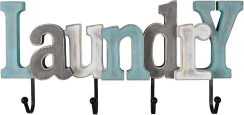 Linfevisi Wooden Laundry Sign Aqua Hanging Block Letters Sign Rustic Wood Word Decor Laundry Wall Sign Cutout Word Art Wall Decor Decorative Key Holder Hanger with 4 Hooks in Kuwait