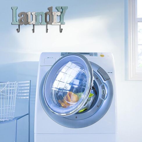 Linfevisi Wooden Laundry Sign Aqua Hanging Block Letters Sign Rustic Wood Word Decor Laundry Wall Sign Cutout Word Art Wall Decor Decorative Key Holder Hanger with 4 Hooks in Kuwait