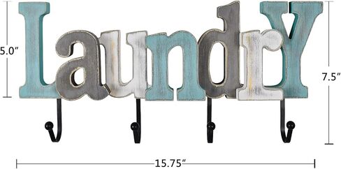 Linfevisi Wooden Laundry Sign Aqua Hanging Block Letters Sign Rustic Wood Word Decor Laundry Wall Sign Cutout Word Art Wall Decor Decorative Key Holder Hanger with 4 Hooks in Kuwait