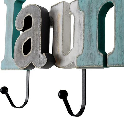 Linfevisi Wooden Laundry Sign Aqua Hanging Block Letters Sign Rustic Wood Word Decor Laundry Wall Sign Cutout Word Art Wall Decor Decorative Key Holder Hanger with 4 Hooks in Kuwait