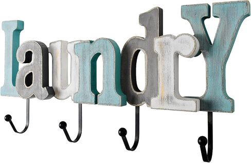 Linfevisi Wooden Laundry Sign Aqua Hanging Block Letters Sign Rustic Wood Word Decor Laundry Wall Sign Cutout Word Art Wall Decor Decorative Key Holder Hanger with 4 Hooks in Kuwait