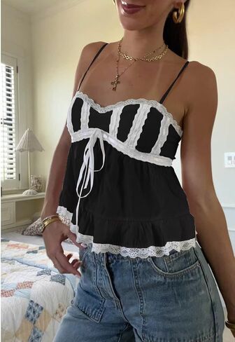 نساء Babydoll Tank Tops y2k مربع الرقبة القوس القوس كامي قمم لطيفة طباعة الأزهار طباعة محصول الحافة in Kuwait