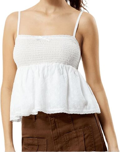 Women Babydoll Tank Tops Y2K Square Neck Smocked Bow Cami Tops Cute Floral Print Ruffled Hem Crop Top in Saudi Arabia