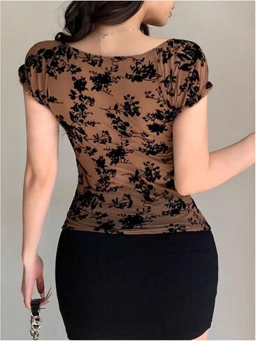 GORGLITTER Women's Floral Mesh Short Sleeve Top Square Neck Ruched Blouse Shirt Coquette Club Cute Summer Tops 2025 in Saudi Arabia