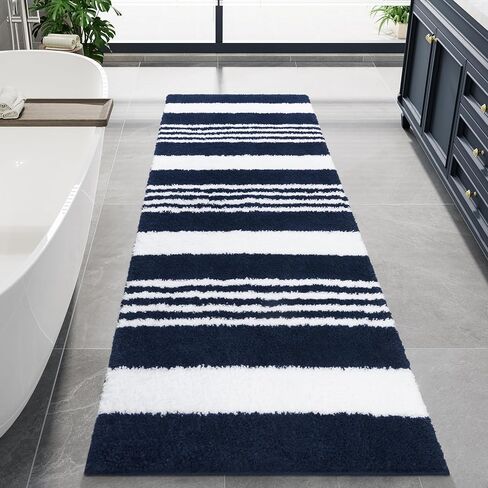 LOCHAS Long Bathroom Rugs Runner, 24" x 60" Large Bath Rug Non Slip Absorbent, Washable Microfiber Bathroom Mat Luxury Fluffy Soft, Shaggy Bath Mats for Shower Quick Dry, Navy Blue in Kuwait