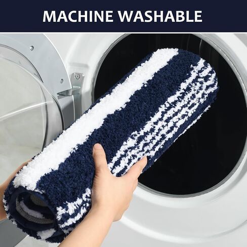 LOCHAS Long Bathroom Rugs Runner, 24" x 60" Large Bath Rug Non Slip Absorbent, Washable Microfiber Bathroom Mat Luxury Fluffy Soft, Shaggy Bath Mats for Shower Quick Dry, Navy Blue in Kuwait