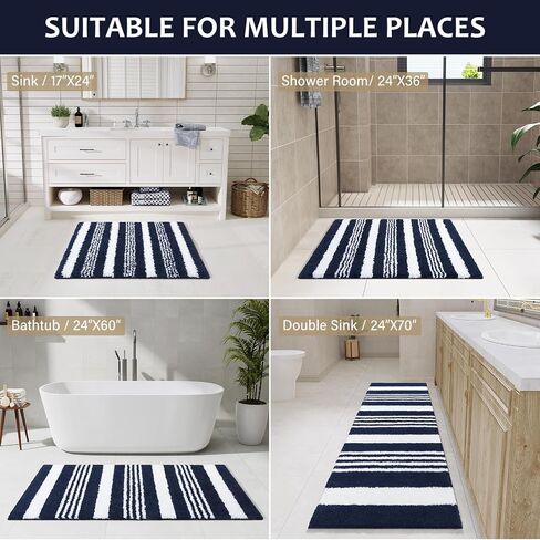 LOCHAS Long Bathroom Rugs Runner, 24" x 60" Large Bath Rug Non Slip Absorbent, Washable Microfiber Bathroom Mat Luxury Fluffy Soft, Shaggy Bath Mats for Shower Quick Dry, Navy Blue in Kuwait