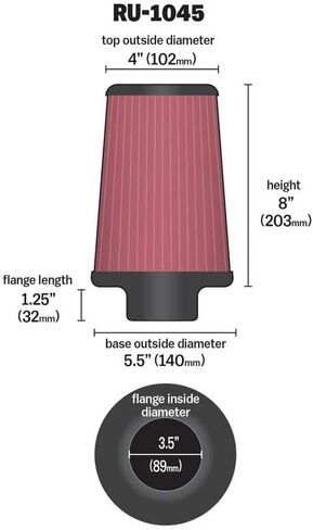 K&N عالية التدفق الأصلي مدى الحياة المشبك Universal Clamp-On Air Filter: عالية الأداء ، قاطع ، قابلة للغسل: شفة القطر: 3.5 بوصة ، ارتفاع المرشح: 8 بوصة ، طول الحافة: 1.25 في ، الشكل: مستدير مدبب ، RU-1045 in Saudi Arabia