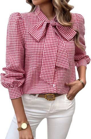 yoeasy Womens Button Down Plaid Shirts Long Sleeve Bow Tie Neck Blouses Trendy Fall Casual Work Office Shirt Going Out Tops in Saudi Arabia