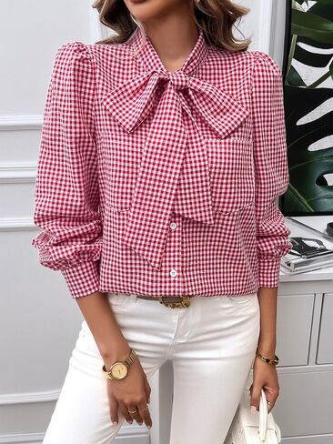 yoeasy Womens Button Down Plaid Shirts Long Sleeve Bow Tie Neck Blouses Trendy Fall Casual Work Office Shirt Going Out Tops in Saudi Arabia