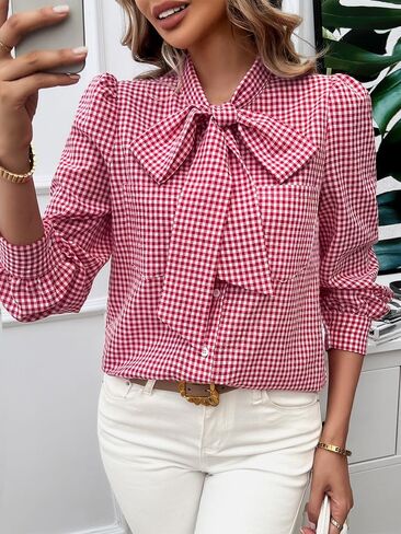 yoeasy Womens Button Down Plaid Shirts Long Sleeve Bow Tie Neck Blouses Trendy Fall Casual Work Office Shirt Going Out Tops in Saudi Arabia