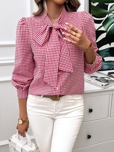 yoeasy Womens Button Down Plaid Shirts Long Sleeve Bow Tie Neck Blouses Trendy Fall Casual Work Office Shirt Going Out Tops in Saudi Arabia