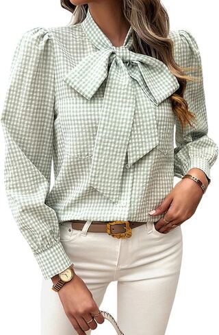 yoeasy Womens Button Down Plaid Shirts Long Sleeve Bow Tie Neck Blouses Trendy Fall Casual Work Office Shirt Going Out Tops in Saudi Arabia