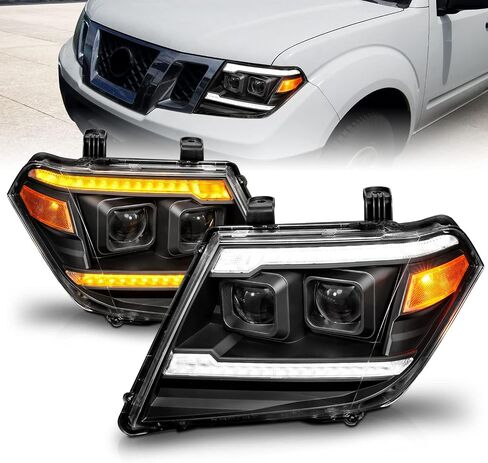 AmeriLite for 2009-2020 Nissan Frontier Pickup Truck LED DRL Tube Switchback Sequential Signal Black Projector Headlights Set - Passenger and Driver Side in Saudi Arabia