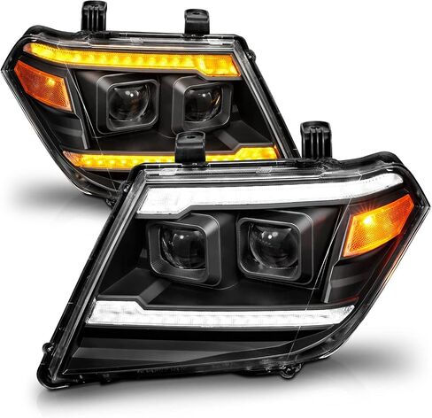 AmeriLite for 2009-2020 Nissan Frontier Pickup Truck LED DRL Tube Switchback Sequential Signal Black Projector Headlights Set - Passenger and Driver Side in Saudi Arabia