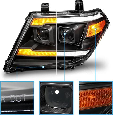AmeriLite for 2009-2020 Nissan Frontier Pickup Truck LED DRL Tube Switchback Sequential Signal Black Projector Headlights Set - Passenger and Driver Side in Saudi Arabia