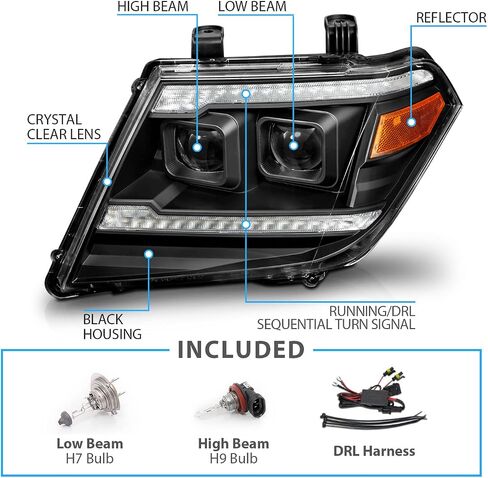 AmeriLite for 2009-2020 Nissan Frontier Pickup Truck LED DRL Tube Switchback Sequential Signal Black Projector Headlights Set - Passenger and Driver Side in Saudi Arabia