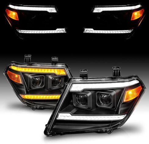 AmeriLite for 2009-2020 Nissan Frontier Pickup Truck LED DRL Tube Switchback Sequential Signal Black Projector Headlights Set - Passenger and Driver Side in Saudi Arabia