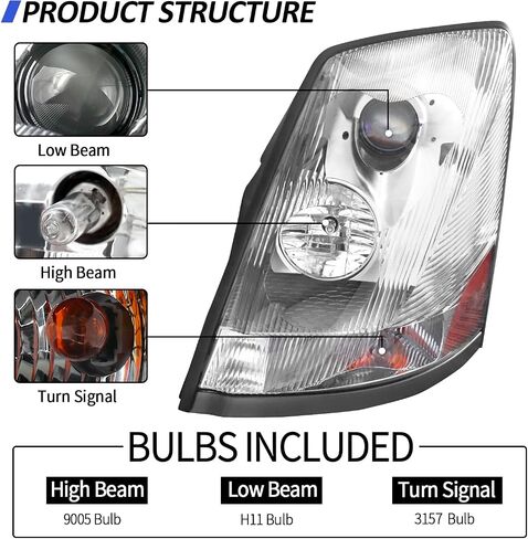 Headlight Assembly Compatible with 2004-2018 Volvo VNL VNM 2004-2015 Volvo VN Halogen, Headlamps Head Light Lamp W/Bulbs Housing Pair (Chrome/Right Side) in Saudi Arabia