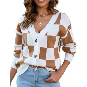 Kinghua Checkered Cardigan for Women Fall Casual V Neck Knit Cardigans Long Sleeve Button Down Sweater Tops in Saudi Arabia