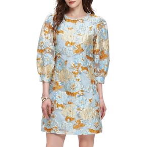 Kedera Women's Jacquard Dress Long Puff Sleeves Shift Mini Elegant Floral Dress Summer Business in Kuwait