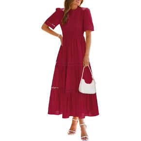 Dowerme Summer Dresses for Women 2025 Casual Boho Hollow Out Short Sleve Shuffle Mock Neck Smocked Maxi Gingham Sundress in Kuwait