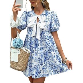 Floerns Women's Bow Puff Sleeve Tie Front Dresses Floral A Line Summer Short Babydoll Dresses in Saudi Arabia