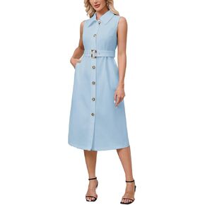 Women's Button Down Shirt Dress Sleeveless Collared A-line Maxi Dress with Belt in Saudi Arabia