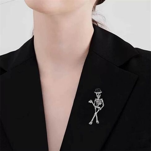 Dancing Skeleton Brooch Pin with Colorful Hat, Gothic Halloween Accessory, Silver Metal Punk Style Decoration for Scarves and Backpacks in Saudi Arabia