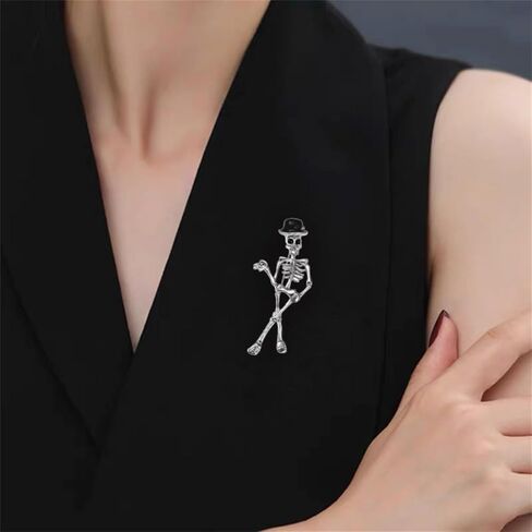Dancing Skeleton Brooch Pin with Colorful Hat, Gothic Halloween Accessory, Silver Metal Punk Style Decoration for Scarves and Backpacks in Saudi Arabia