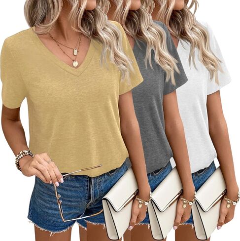 Womens Summer Tops Short Sleeve T Shirts V Neck Women Tops Loose Casual Tee Trendy Clothes in Kuwait