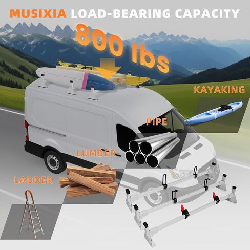 MusixiA 54" Van Roof Ladder Racks Fit for 2015-2025 Ford Transit 150 250 350 Cargo Van Roof Rack 3 Crossbars, Heavy Duty Steel Ladder Rack, 800lbs Load Capacity in Kuwait