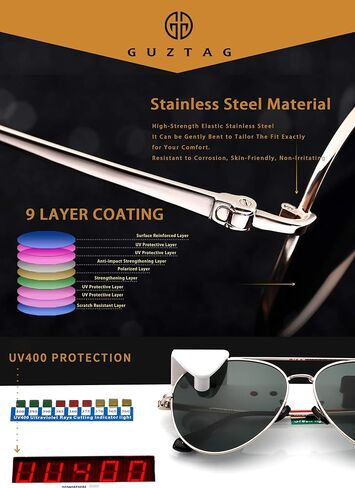 Guztag Aviator Aviator نظارات شمسية للرجال - حماية UV العدسة السوداء - الموضة Retro للجنسين G8259 in Kuwait
