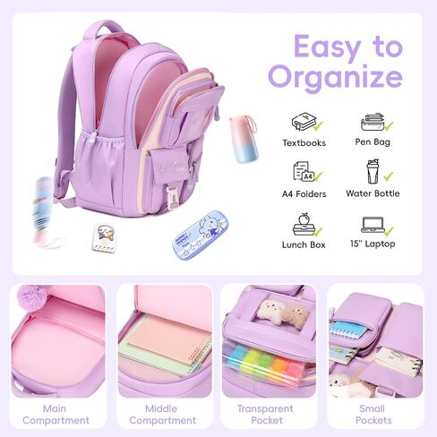 حقيبة ظهر للبنات مع صندوق الغداء 3pcs ، حقيبة مدرسية Kawaii لمدرسة Kid Electary Middle ، وحقيبة الكتب المحمولة اللطيفة متعددة الجيبات خفيفة الوزن ، وردي in Saudi Arabia