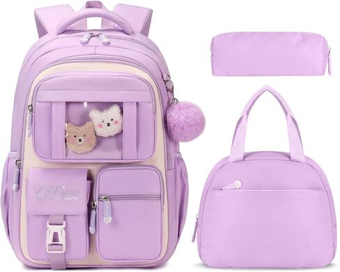 حقيبة ظهر للبنات مع صندوق الغداء 3pcs ، حقيبة مدرسية Kawaii لمدرسة Kid Electary Middle ، وحقيبة الكتب المحمولة اللطيفة متعددة الجيبات خفيفة الوزن ، وردي in Saudi Arabia