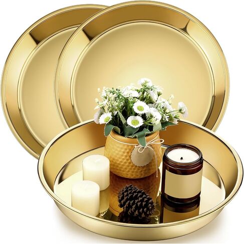 Thenshop 3 Pcs 15 Inch Gold Round Serving Tray Stainless Steel Circle Decorative Vanity Gold Plate Metal Jewelry Makeup Organizer Dishes for Gift Wedding Coffee Table Bathroom Dessert Christmas in Kuwait