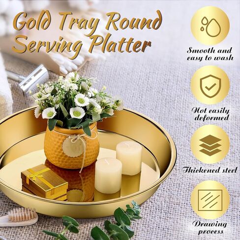Thenshop 3 Pcs 15 Inch Gold Round Serving Tray Stainless Steel Circle Decorative Vanity Gold Plate Metal Jewelry Makeup Organizer Dishes for Gift Wedding Coffee Table Bathroom Dessert Christmas in Kuwait