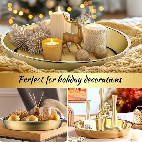 Thenshop 3 Pcs 15 Inch Gold Round Serving Tray Stainless Steel Circle Decorative Vanity Gold Plate Metal Jewelry Makeup Organizer Dishes for Gift Wedding Coffee Table Bathroom Dessert Christmas in Kuwait