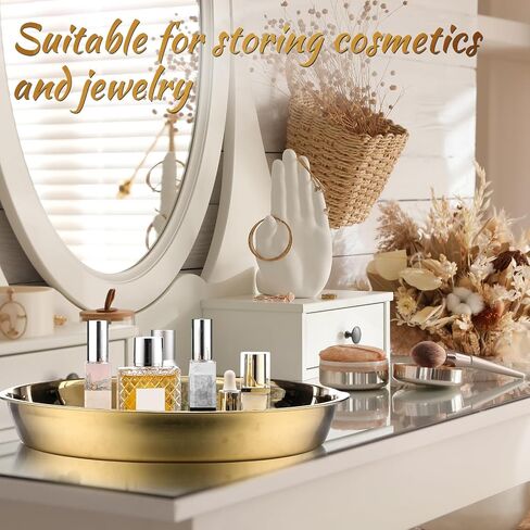 Thenshop 3 Pcs 15 Inch Gold Round Serving Tray Stainless Steel Circle Decorative Vanity Gold Plate Metal Jewelry Makeup Organizer Dishes for Gift Wedding Coffee Table Bathroom Dessert Christmas in Kuwait